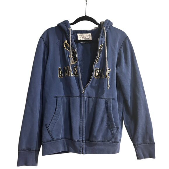 American Eagle Men’s Vintage Blue Full-Zip Hoodie Sz M Spell Out Y2K Cozycore - Picture 3 of 8